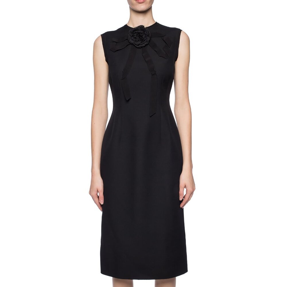 GUCCI DRESS BLACK WOOL SILK BOW ROSE BROOCH SLEEVELESS sz IT 42 US 6